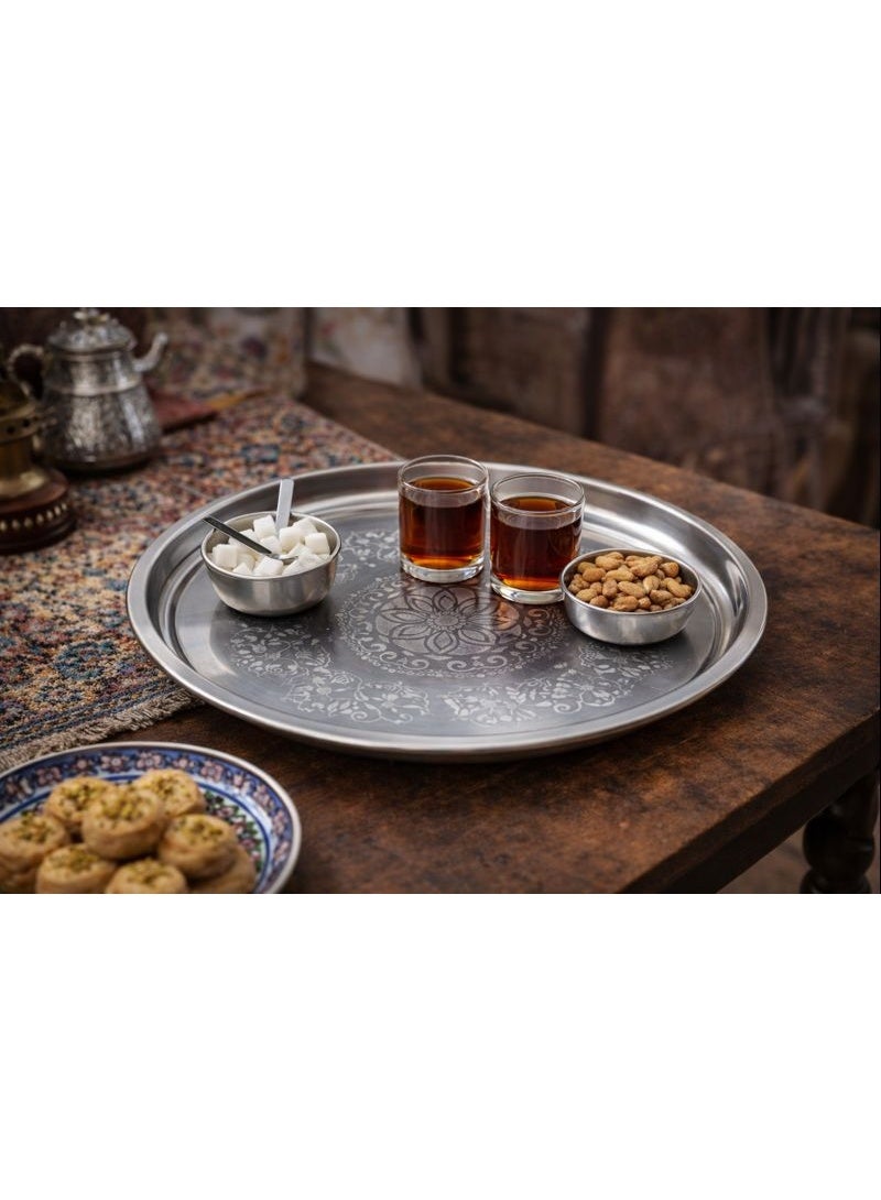 Large Round Stainless Steel Serving Tray with Etched Floral Design - Silver Metal Platter for Tea, Coffee & Dinner - Traditional Arabic Style - Image 3